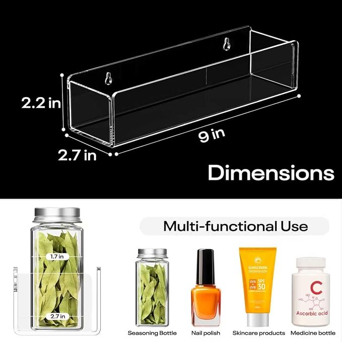 Wall Mounted Acrylic Spice Rack 2 Pack, 9 Inch Clear Pantry Door Organizer, Floating Spice Organizer, Adhesive or Screw Mounted Cabinet Seasoning Shelf