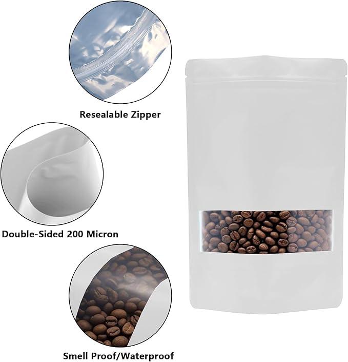 50PCS Foil Pouch Mylar Bags with Clear Window,ULIFESTAR Stand Up Sealable Bags with Tear Notches,Resealable for Food,Party Favors,Gift Packaging and Small Business(18 * 26cm/7.09 * 10.24",White)