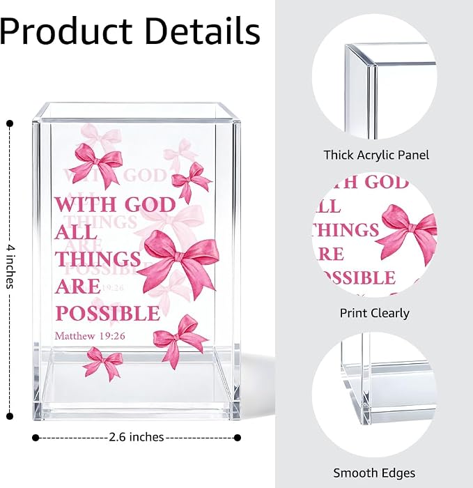 With God All Things Are Possible Bible Pen Holder Makeup Organizer, Funny Bow Christian Pencil Pen Holder for Desk, Matthew 19:26 Bible Verse Pencil Cup, Religious Gifts for Book Lover Teacher