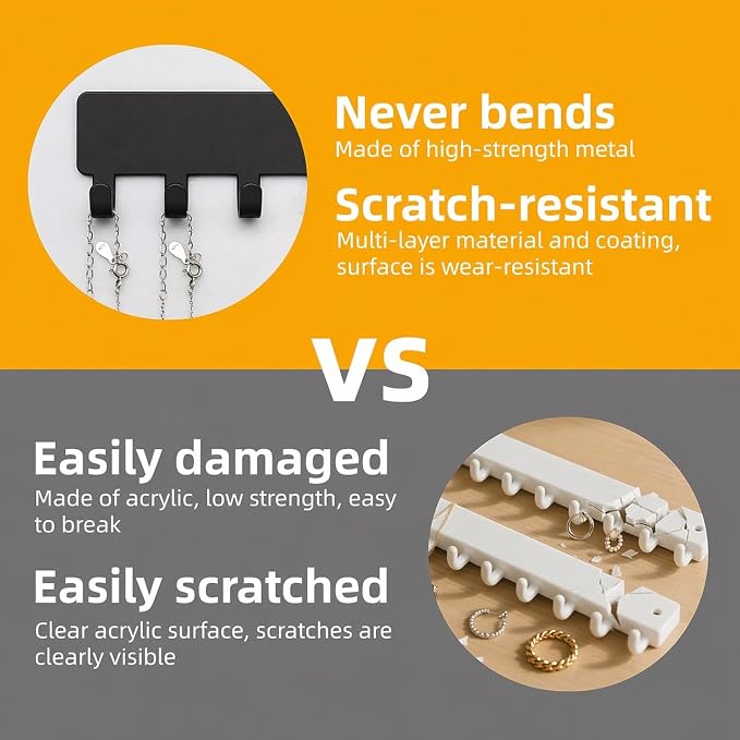 Self-Adhesive Metal Necklace Organizer, Sturdy Necklace Holder Wall Mounted with Hooks for Tangle-Free Jewelry Storage, Self-Adhesive Hanging Jewelry Organizer, No Drilling, 2 Pack (Black)