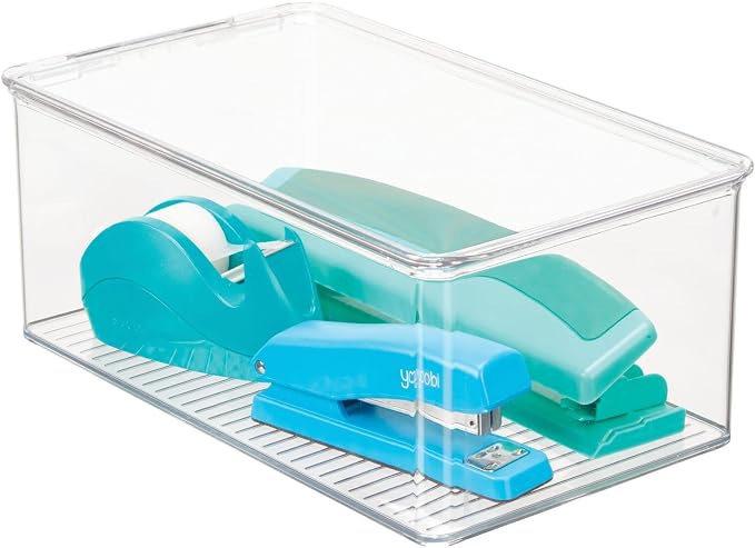 mDesign Plastic Stackable Home Office Storage Organizer Box with Hinge Lid - Holder Container Bin for Note Pads, Gel Pens, Staples, Dry Erase Markers, Tape, Supplies - Lumiere Collection - Clear