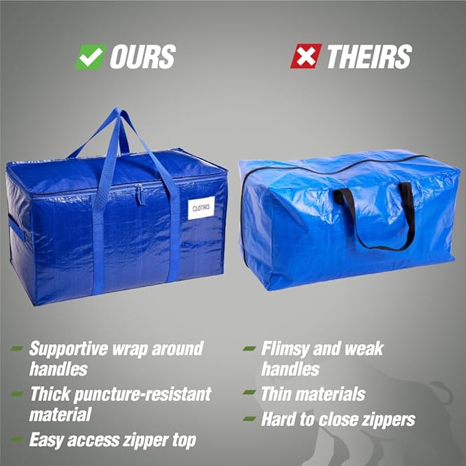 RUGGED RHINO 4 Pack Heavy Duty Extra Large Moving Bags, Durable Bag Strong Handles and Zipper, Moving Boxes Alternative for College Packing, Holiday Décor, Space Saving Storage with Label, Blue/Clear