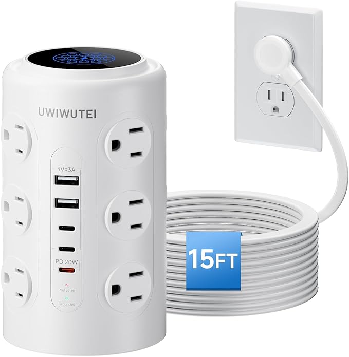 Tower Power Strip with 1 Dedicated PD 20W Fast-Charging Port, 12 Outlets, 5 USB Ports (3 USB-C), Desk Charging Station for Multiple Devices,15FT Extension Cord, Home Office Essentials