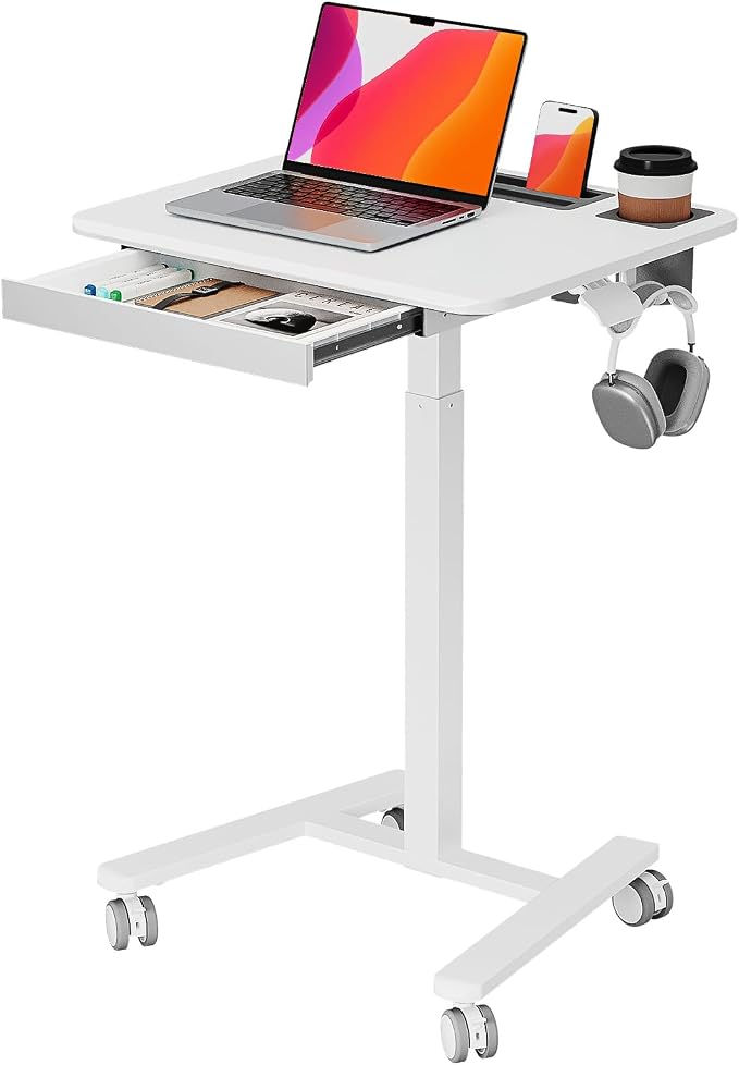 Small Mobile Standing Desk with Drawer, 23.6" x 19.7" Top | Height Adjustable Rolling Teacher Desk with Cup Holder and Hooks, Portable Workstation on Wheels for Classroom & Study, White