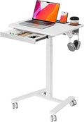 Small Mobile Standing Desk with Drawer, 23.6" x 19.7" Top | Height Adjustable Rolling Teacher Desk with Cup Holder and Hooks, Portable Workstation on Wheels for Classroom & Study, White