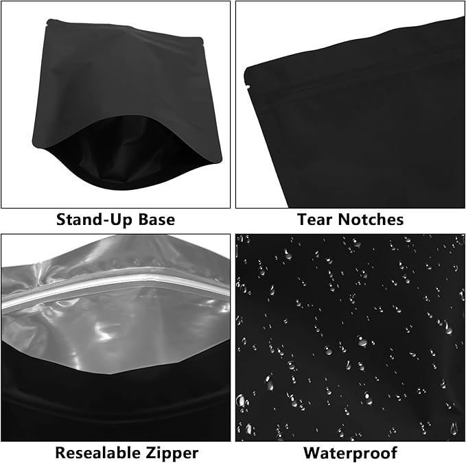 100PCS Smell Proof Resealable Pouch Bags,ULIFESTAR Aluminum Foil Flat Food Storage Bag,Sealable Pcsaging Zipper Pouches with Tear Notches for Pcsaging Lipgloss,Jewelry,etc(16*24cm/6.3*9.45",Black)