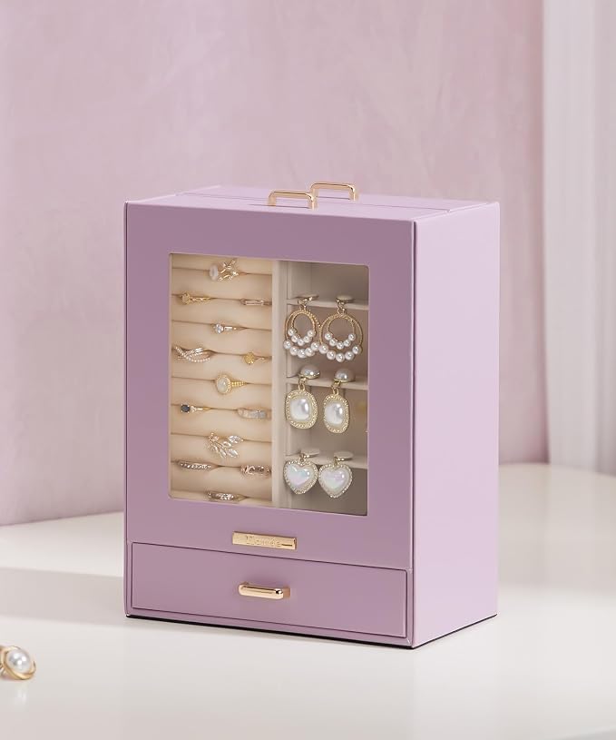 Homde Display Jewelry Box for Girls: Starter Organizer with Clear Window | Vertical Drawers for Earrings Rings Necklaces - Compact Footprint Fits Small Vanities - Birthday&Graduation Gift for Teens