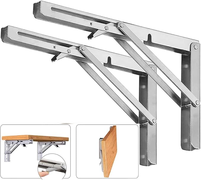 14 Inch Folding Shelf Brackets, 2 Pack Stainless Steel Heavy Duty L Bracket | Max Load 330 lb, Space Saving Design for DIY, Wall Mounted Collapsible Folding Shelf Bracket Support for Workbench, Garage