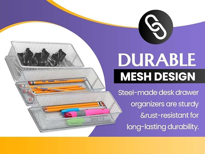 Ybm Home Silver Mesh Drawer Cabinet and or Shelf Organizer Bins, School Supply Holder Office Desktop Organizer Basket (2, 3x15x2 Inch)