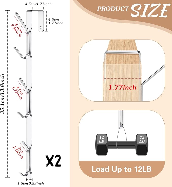 Tandefio 2 Pack 13.8" Over The Door Hook Hanger Comes with 6 Hooks from Large to Small Metal Extra Long Over The Door Hooks Hanger for Hats Rack Coat Scarf Purse Bags Scarf Keys and More (Silver)