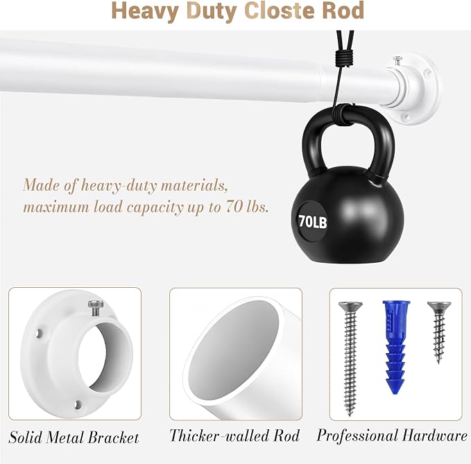 Closet Rod Adjustable 17-53”, Heavy Duty Hanging Clothes Rod, White | 1-1/4” Diameter, Stepless Metal Closet Bar, Wall-Mounted, For Hanging Clothes, Walk-In Closet, Wardrobes, Laundry Room, RV