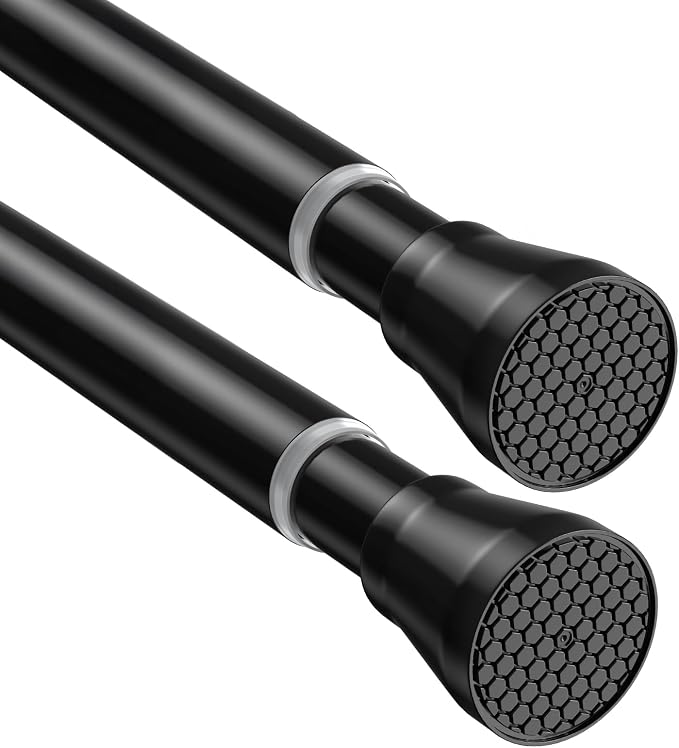 2 Pack Adjustable Tension Rods 45-77 Inch - Black | No-Drill Curtain Rods for Windows & Closets | Spring-Loaded with Non-Slip Rubber Ends | 7/8 Inch Diameter