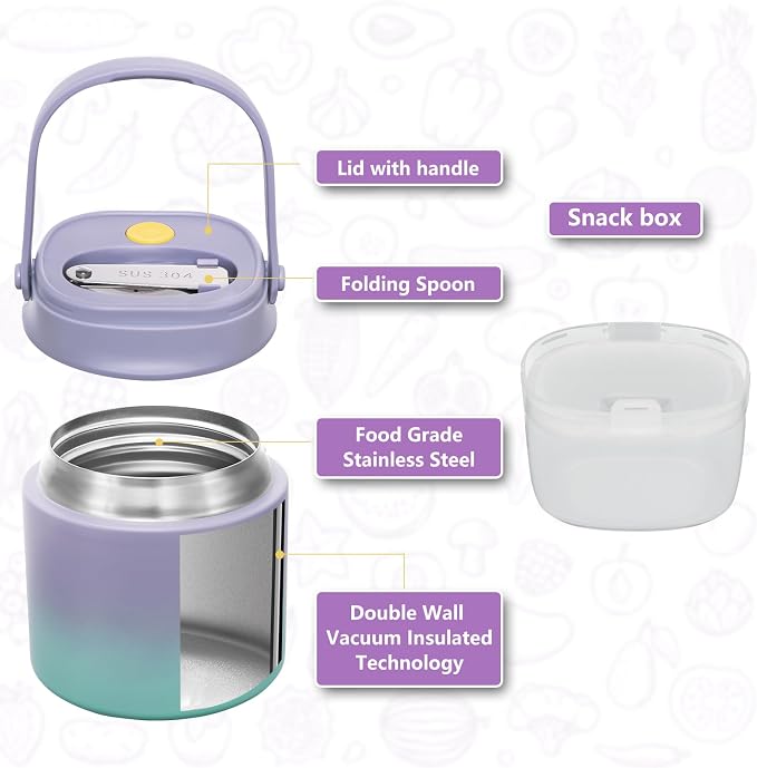 2 - in - 1 Soup Thermo for Hot Food 14oz with Snack Box Container Leak Proof Insulated Lunch Container Kids and Adults Stainless Steel Double Wall Vacuum Wide-mouth Thermal with Spoon and Handle