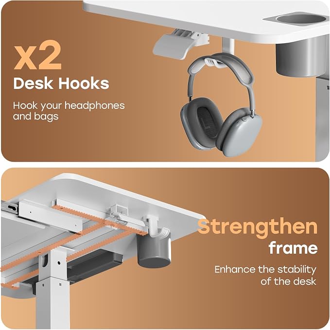 32" Mobile Desk with Drawer, Rolling Standing Desk on Wheels | Height Adjustable Desk with Cup Holder and Hooks, Portable Laptop Cart with Storage for Home Office, White