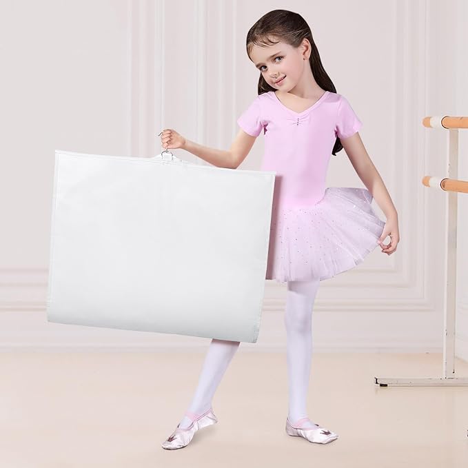 Univivi Dance Costume Garment Bag, 40 Inch Garment Bags for Dance Costumes Kids Dance Costume Bag with 3 Medium Clear Zipper Pockets for Dance Costumes, Hanging Clothes (White)