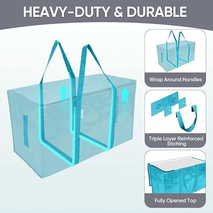TICONN 2 Pack Extra Large Moving Bags Heavy Duty with Zippers & Carrying Handles, Durable Storage Bags Moving Boxes for Closet Organizers and Storage (2 Pack, Aqua)