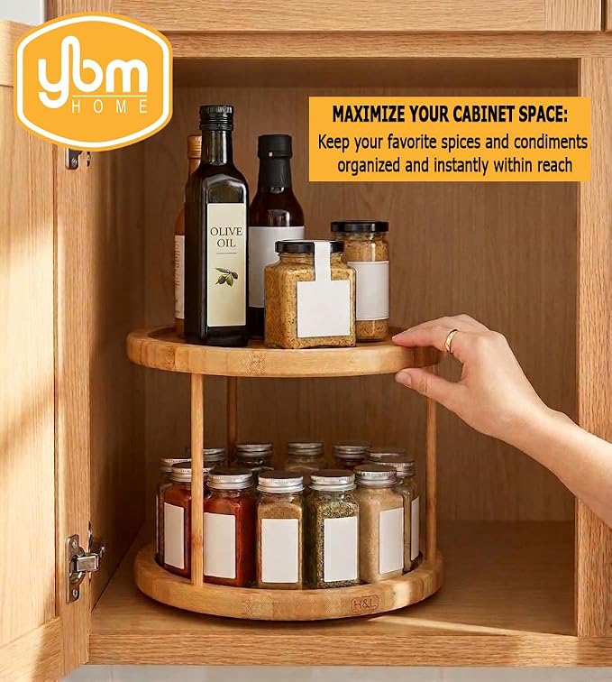 YBM Home Bamboo Wooden Non-Skid Spinner for Kitchen, Pantry, Fridge, Cupboards, or Counter Organizing, Fully Rotating Organizer