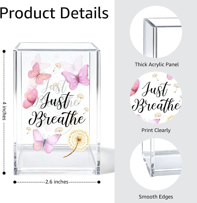 Just Breathe Acrylic Cosmetic Organizer Pen Holder, Anxiety Relaxing Acrylic Desk Holder Cup for Pen Pencil, Dandelion Desk Organizer, Mental Health Office Gifts for Coworker Leader Friend