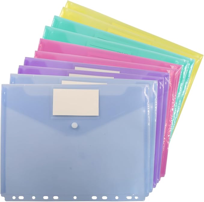 10 Pcs Plastic Envelopes A4 Letter Size | Plastic File Folders, Document Organizer with Label Pocket, 11 Ring Binder Pocket, Waterproof, School Office Home Supplies