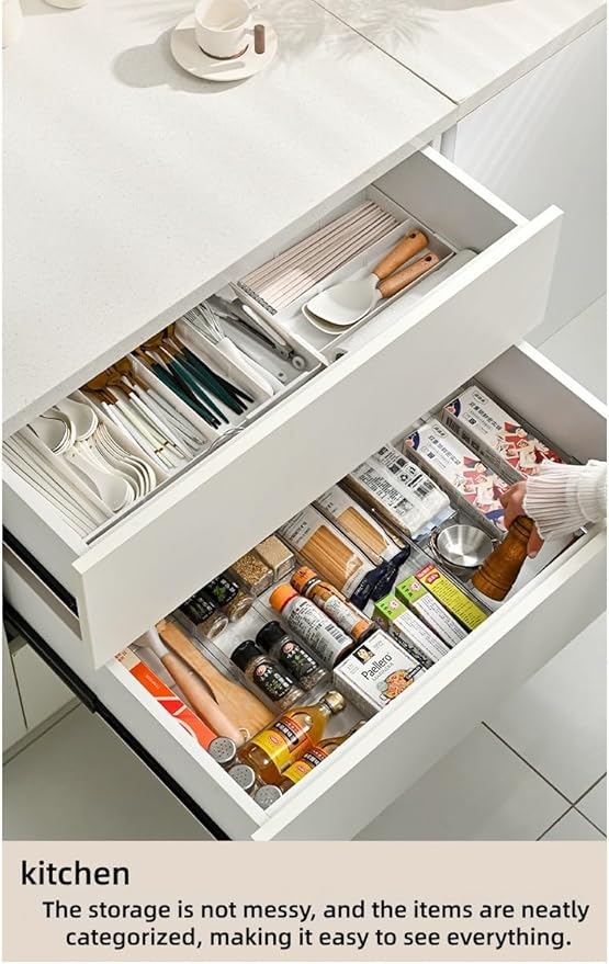 Removable Drawer Storage Box with Four Sides - Multi-Function Storage Box for Organizing Make-up, Kitchen Utensils, Bathroom and Desktop Drawers (Clear)