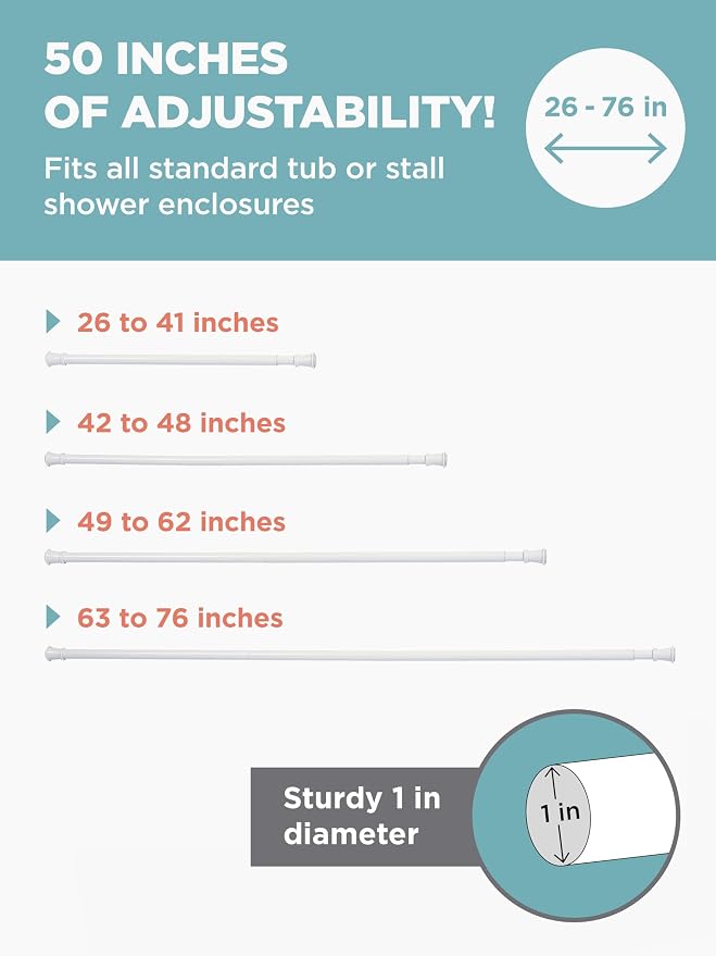 Zenna Home Tension Shower Curtain Rod, No Drill Adjustable Tension Curtain Rod for Bathroom, Rust Resistant, Easy Install Expandable Shower Curtain Rods, 26 to 76 Inches, White
