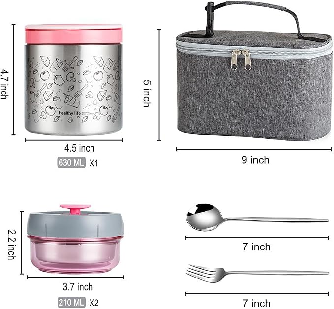 Lille Home Stainless Steel Thermal Lunch Box Set with Lunch Bag and Cultery | 22 Oz Vacuum Insulated Lunch Bento Box, to Keep Food Warm/Cool, 2 Small Food Container for Snack, Fruits and Sauces (Pink)