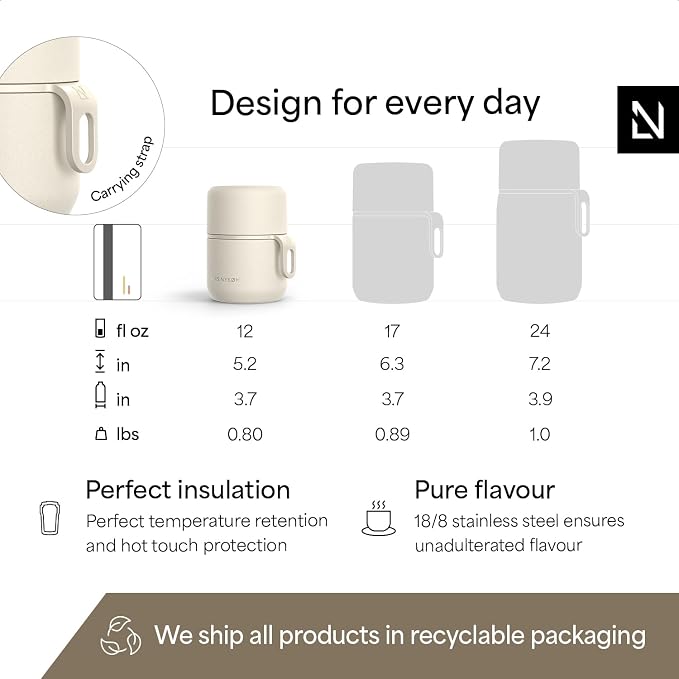 LARS NYSØM Stainless Steel Vacuum Insulated Food Jar - Leakproof Lunch Pot & Lunch Jar for Hot and Cold Food, Wide Mouth, Portable Soup Container for Work & Travel (Cream Beige, 12oz)