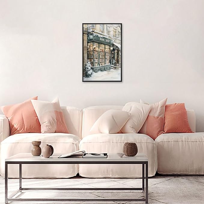 Winter Book Shop New York Book Lover Art Aesthetic Poster Canvas Wall Art Decoration Living Room Home Decor Bedroom Decoration Poster black framed20x30inch