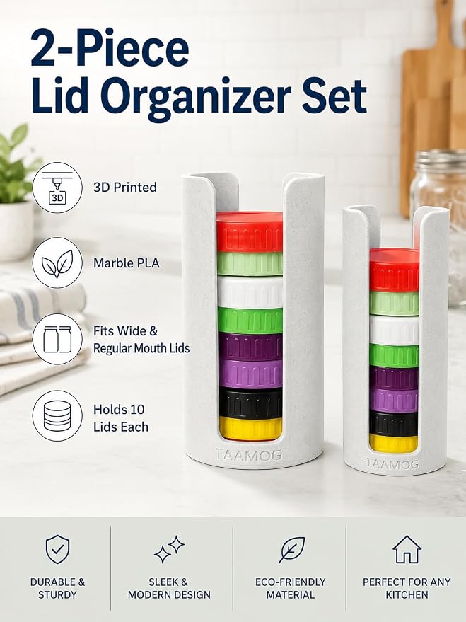 2Pcs Mason Jar Lid Organizer - 3D Printed Marble Canning Lid Storage Rack for Wide & Regular Mouth Lids, Stackable Kitchen Cabinet & Countertop Holder, Fits Reusable Canning, Yeti Lids - Marble White