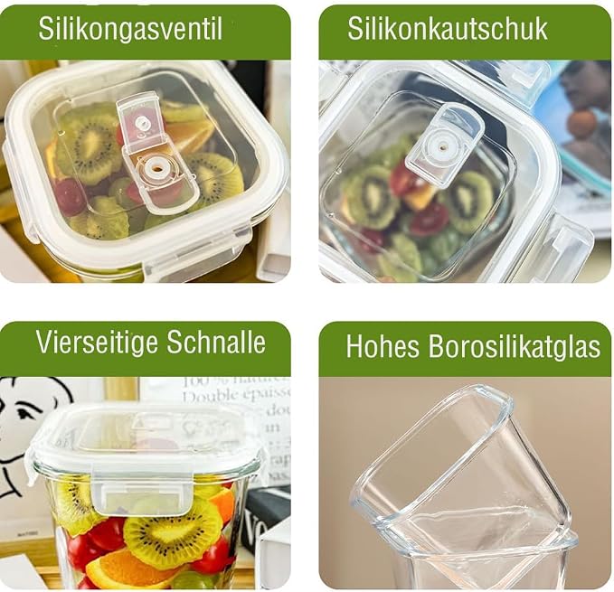H.JSS WDJS 4 Cup Square Glass Food Storage Container with Lids, Square Glass Soup Container with Airtight Lids, 32 OZ Food Prep Bowls for Leftovers, Salad, Microwave、Fridge、Dishwasher Safe (4 Pack)