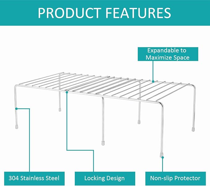 Expandable Cabinet Shelf Rack, Stainless Steel Adjustable Kitchen Countertop Shelves Risers, Kitchen Shelf Rack For Pantry, Garage, Desktop, Refrigerator, Bathroom Organization And Storage
