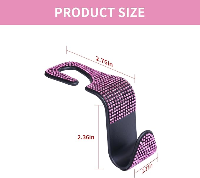 4PCS Bling Car Seat Headrest Hooks, Vehicle Back Seat Purse Handbag Hanging Holder with Crystal Rhinestone, Diamond Storage Organizer Hook,Bling Car Accessories for Women (Pink)