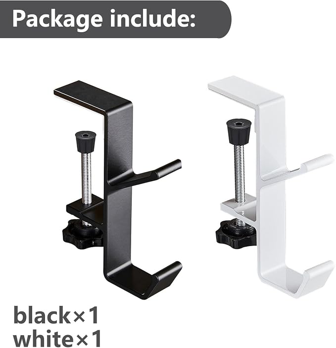 KISOY 2PCS Desk Hook, Under Desk Handbag Hanger Purse Hook for Table,Backpack Hanger Purse Holder for Desk Adjustable Can Hook Bags, Umbrellas,Headphone Holder(1White+1Black)