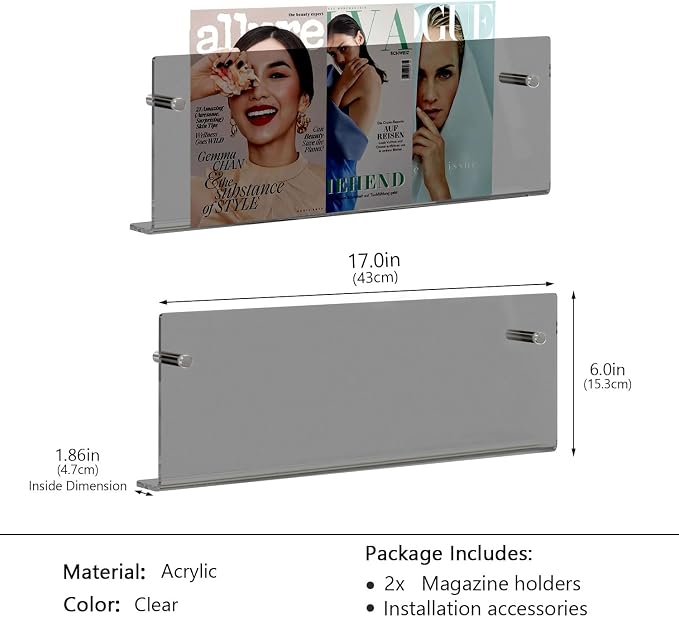 2-Pack Black Acrylic Magazine Holder Brochure Holder,17 Inch Hanging Magazine Rack with Hardware, Floating Bookshelf Brochure Display Organizer for Home, Office, Reception Area