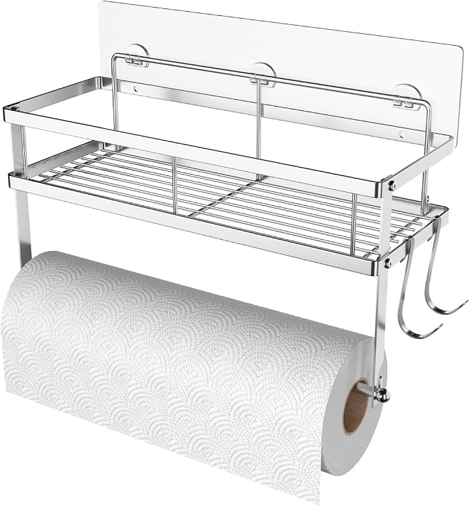 ESOW Paper Towel Holder Wall Mount with Shelf Self Adhesive, Brushed Nickel | SUS304 heavy-duty, fits jumbo rolls. Holds 11 lbs. Space-saving 2-in-1 for small bathroom, RV, camper, laundry
