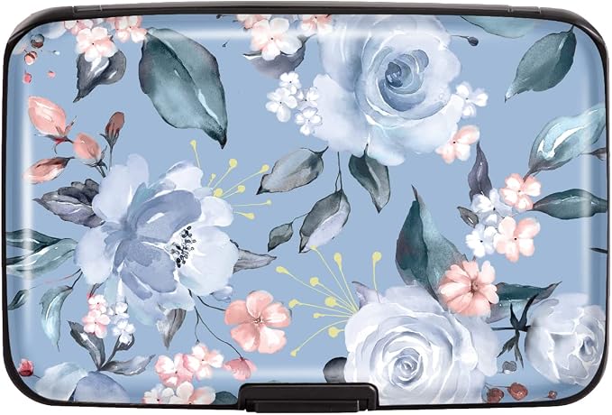 Coco Rossi Credit Card Holder RFID Aluminum Small Mini Wallet Women | Metal Wallet, Business Cards Holder, ID Case, Slim Sleeves, Womens Girls Gift, Carry Proof Wallets for Travel, Blue Flower
