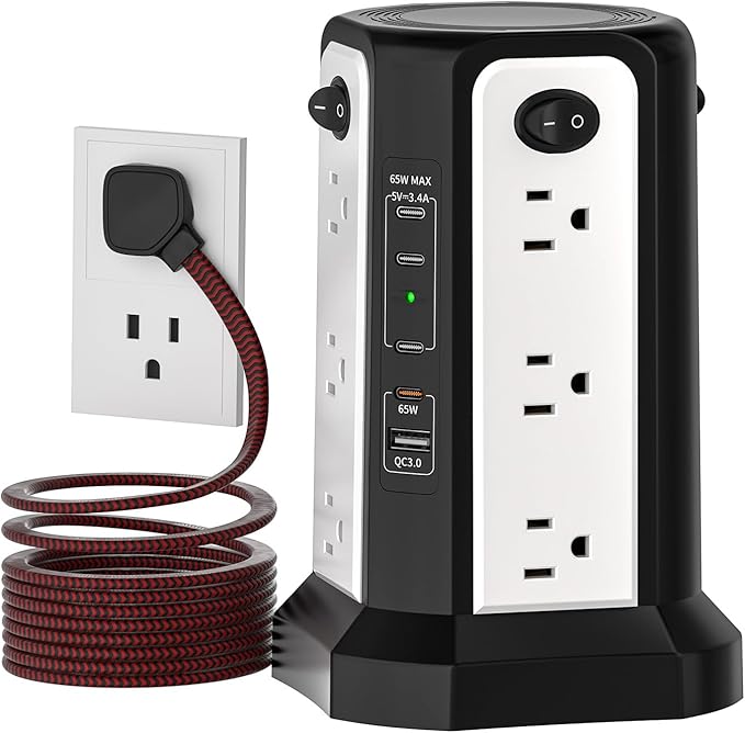 PASSUS PD65W USB C Fast Desktop Power Strip Surge Protector | Desktop Charging Station, 12 AC Outlets|4 USB C|1 USB A, 10FT Extension Cord with Overload Protection for Home Office Dorm