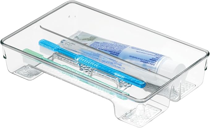 mDesign Plastic Toothbrush Holder, Storage Organizer Bin for Bathroom Vanity, Drawer, Cabinet, Closet - Holds Electric Spin Toothbrush, Toothpaste, Dental Floss Picks, Teeth Whitening Strips - Clear