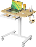 28" Mobile Standing Desk with Drawer, Portable Laptop Desk | Rolling Desk with Cup Holder & Hooks, Height Adjustable Computer Cart on Wheels for Classroom, Study Desk with Storage, Maple