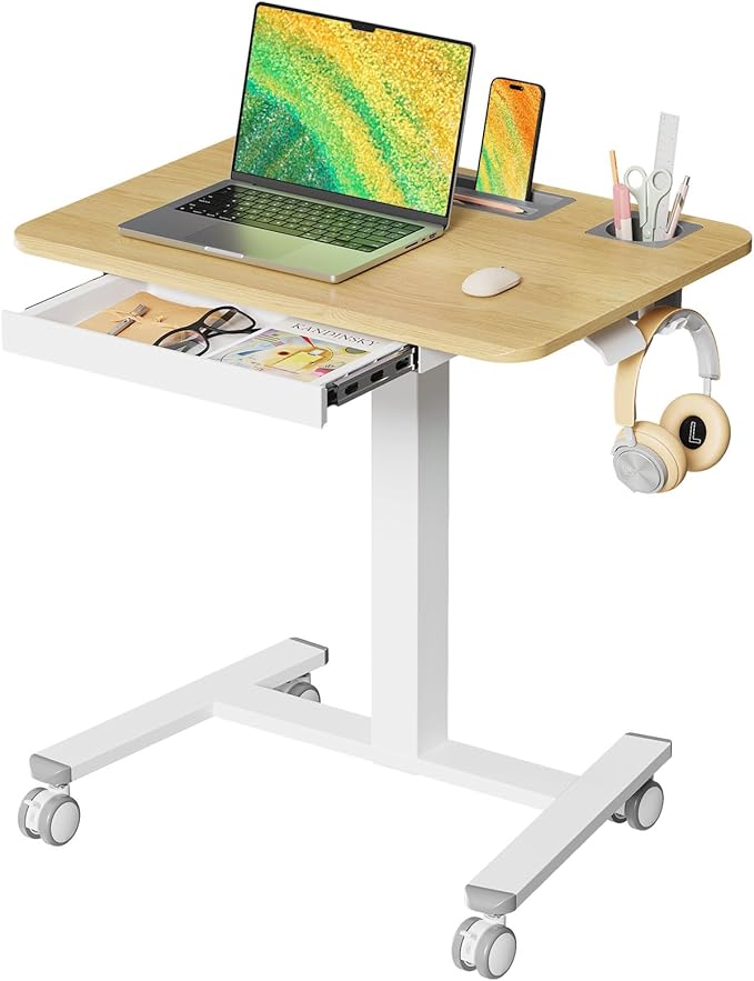 28" Mobile Standing Desk with Drawer, Portable Laptop Desk | Rolling Desk with Cup Holder & Hooks, Height Adjustable Computer Cart on Wheels for Classroom, Study Desk with Storage, Maple