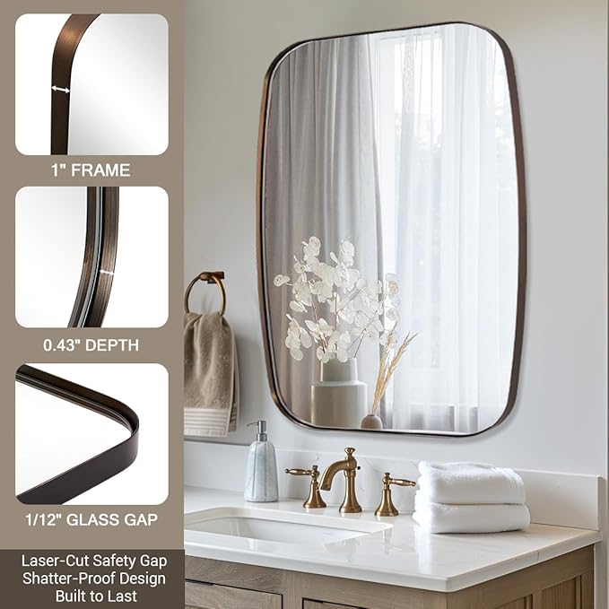 ANDY STAR Brushed Bronze Bathroom Mirror, 30x36 Oblong Mirror with Stainless Steel Metal Frame, Oval Vanity Mirror for Over Sink, Modern Anti Rust Wall Mounted