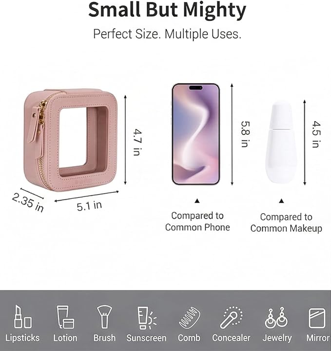 Aveniee Mini Clear Makeup Bag, Small Cosmetic Bags Travel Toiletry Pouch Organizer, TSA Approved Make up Case with Zipper, Car Bag for Essentials,Dusty Pink