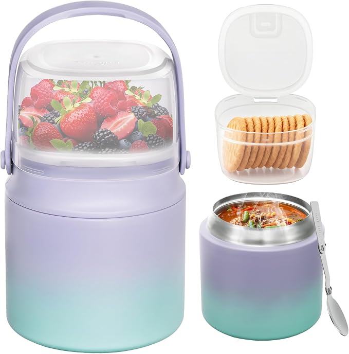 2 - in - 1 Soup Thermo for Hot Food 14oz with Snack Box Container Leak Proof Insulated Lunch Container Kids and Adults Stainless Steel Double Wall Vacuum Wide-mouth Thermal with Spoon and Handle