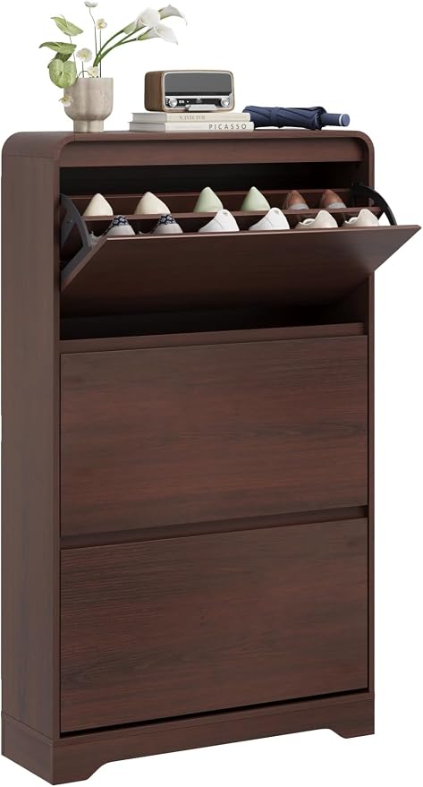 Garvee Hidden Shoe Cabinet, Brown | 3 Flip Drawers, Freestanding, For Entryway, Hallway, Foyer, Modern Design, Small Space