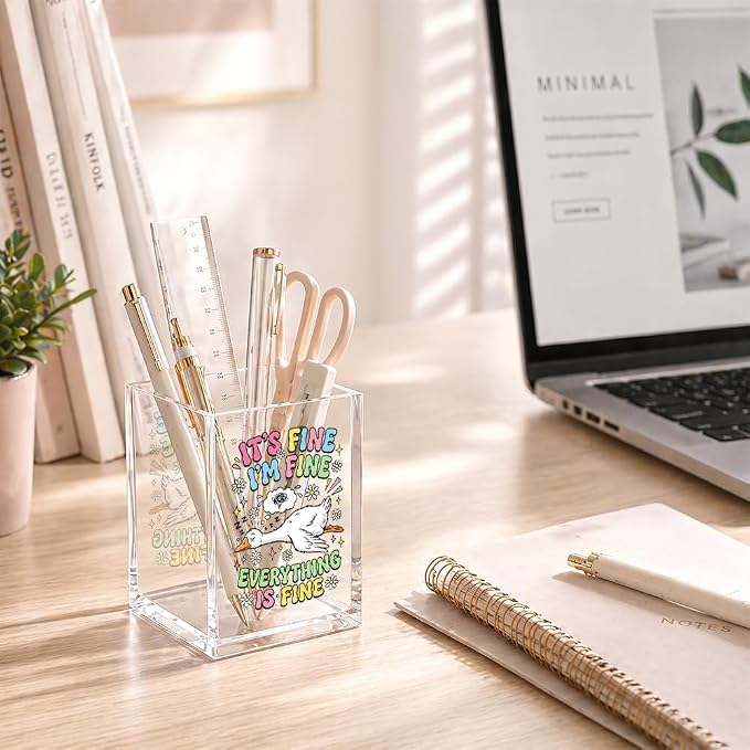 Funny It's Fine I'm Fine Everything Is Acrylic Pencil Holder Cup | Goose Pen Holder Gifts for Women Men Coworker HR Teacher Boss Friend, Goose Lover Present, Home Office Desk Decor Organizer