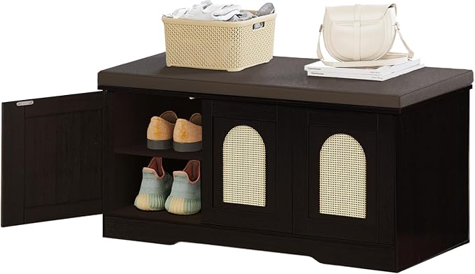 DINZI LVJ Shoe Storage Bench with Cushion, Entryway Bench with Seat & Doors | 2-Tier Cabinet Bench Fits 6 Shoes, Adjustable Shelves for Boots, Easy Assembly, Farmhouse, Bedroom, 39.4"W, Rattan, Espresso