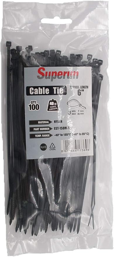Superun Black Zip Ties 6 Inch 40 Lbs UV resistant Cable Ties 100 Pack | Self-locking,Width 0.14",Max Bundle Diameter 1.37",Industrial Grade,fireproof,Heavy duty,For indoor and outdoor
