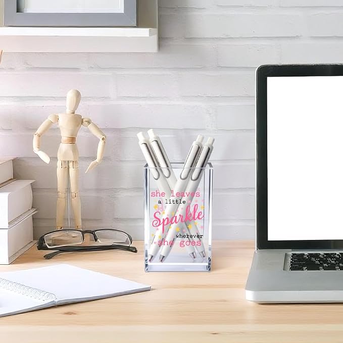 She Leaves A Little Sparkle Wherever She Goes Acrylic Makeup Brush Organizer Holder, Girl Power Vanity Desk Organizer Accessories for Office Decor, Inspirational Gifts for Women Daughter Sister