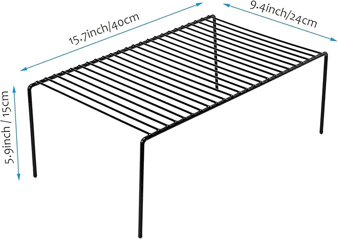 Kitchen Cabinet Shelf Organizer Set of 2, Large (15.7 x 9.4 inch) Metal Wire Pantry Storage Shelves, Dish Plate Racks for Cabinets, Freezer, Counter, Cupboard Organizers and Storage, Black