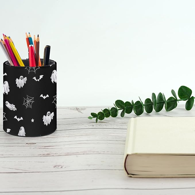 Halloween Spider Web Ghost Pen Holder Pencil Cup for Desk Organizer | Cute Makeup Brush Holder PU Multifunctional Office Suppliesfor Decor Home Classroom School